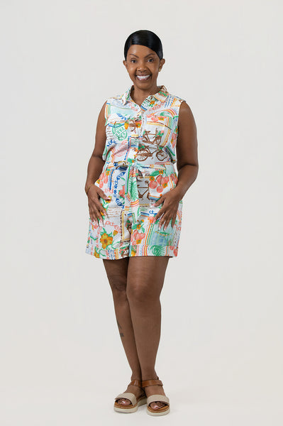 Steven Guy Sleeveless Travel Print Tie Front Romper - Multicolor