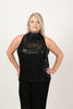 Image of Steven Guy Sleeveless Mock Neck Sequin Halter Top - Black