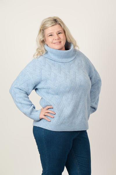 Steven Guy Diamond Knit Cowl Neck Drop Shoulder Sweater - Chambray