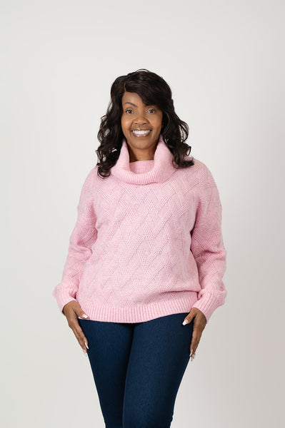 Steven Guy Diamond Knit Cowl Neck Drop Shoulder Sweater - Pink
