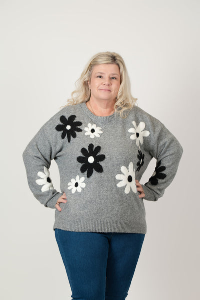 Steven Guy Intarsia Daisy Crew Neck Sweater - Heather Grey