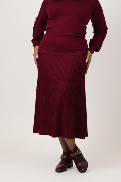 Steven Guy Pleated Elastic Waist Sweater Knit Midi Skirt - Wine