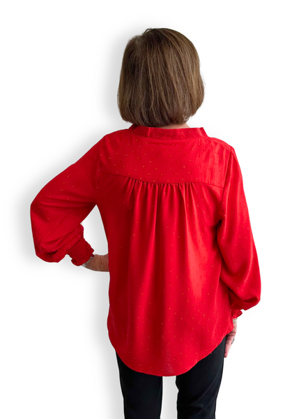 Steven Guy V-Neck Smocked Cuff Shirred Yoke Long Sleeve Top - Red/Gold