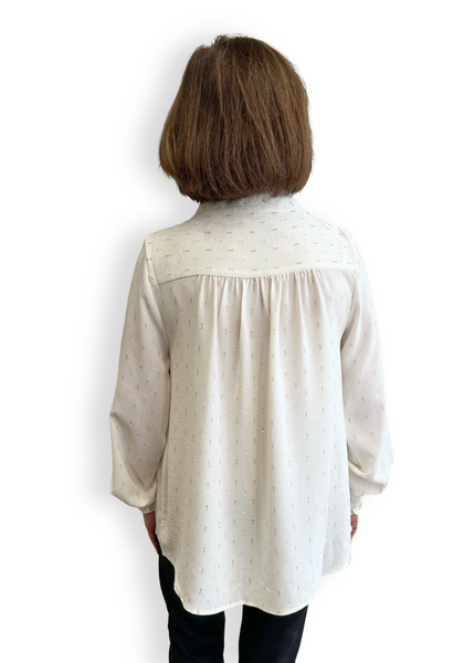 Steven Guy V-Neck Smocked Cuff Shirred Yoke Long Sleeve Top - Ivory/Gold