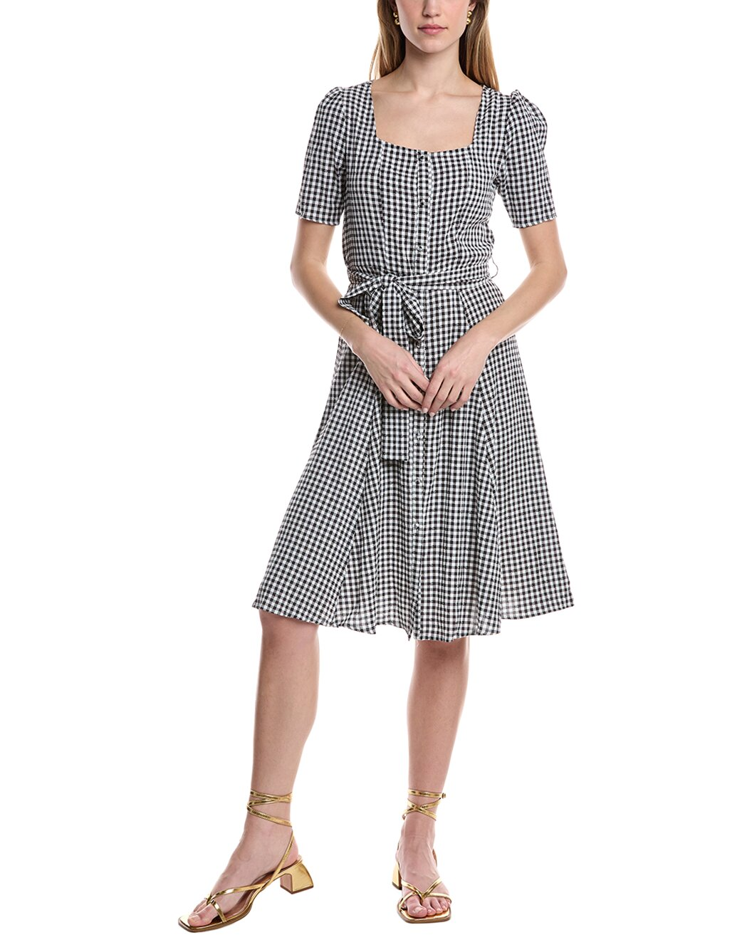 Steven Guy Square Neck Belted Gingham Seersucker Button