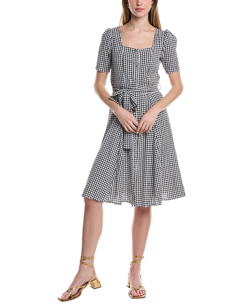 Steven Guy Square Neck Belted Gingham Seersucker Button Front Dress - Black/White