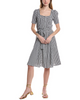 Image of Steven Guy Square Neck Belted Gingham Seersucker Button Front Dress - Black/White