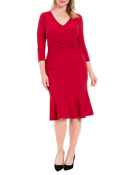 Steven Guy 3/4 Sleeve V-Neck Flounce Hem Scuba Crepe Midi Dress - Chili