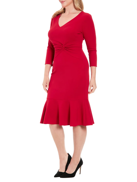 Steven Guy 3/4 Sleeve V-Neck Flounce Hem Scuba Crepe Midi Dress - Chili