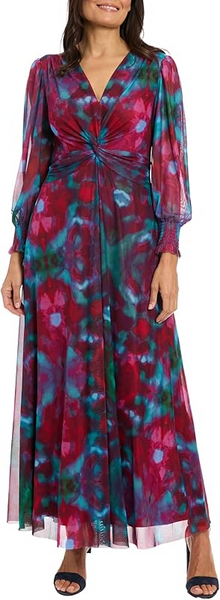 Steven Guy Watercolor Printed Mesh V-Neck Twist Front Bishop Sleeve Maxi Dress - Hot Pink/Berry