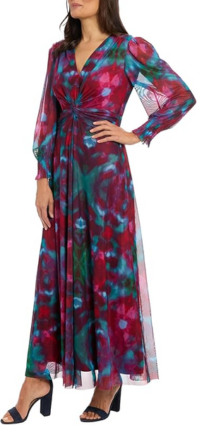 Steven Guy Watercolor Printed Mesh V-Neck Twist Front Bishop Sleeve Maxi Dress - Hot Pink/Berry