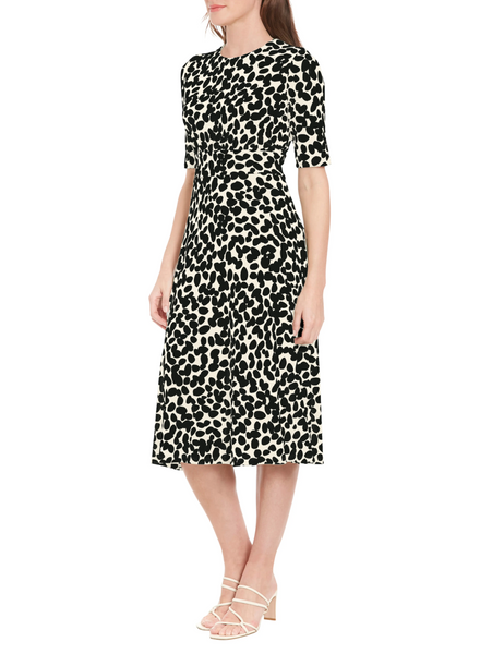 Steven Guy Elbow Sleeve Abstract Dot Print Fit & Flare Dress - Tan/Black
