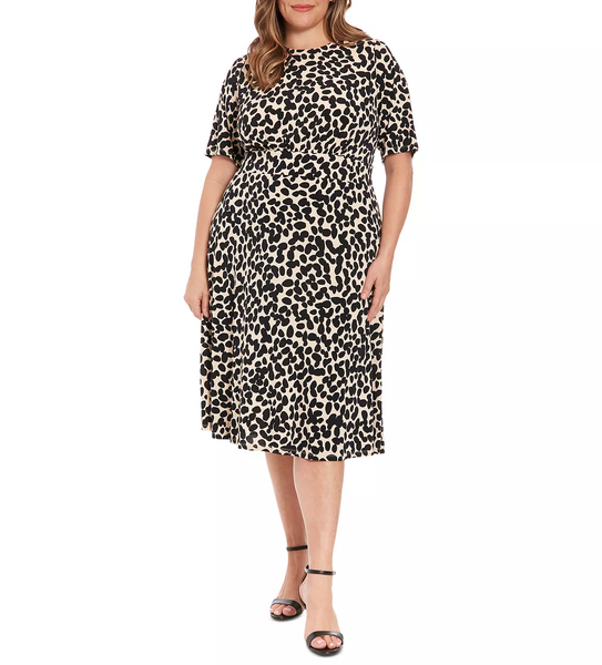 Steven Guy Plus Size Elbow Sleeve Abstract Dot Print Fit & Flare Dress - Tan/Black