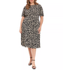 Image of Steven Guy Plus Size Elbow Sleeve Abstract Dot Print Fit & Flare Dress - Tan/Black