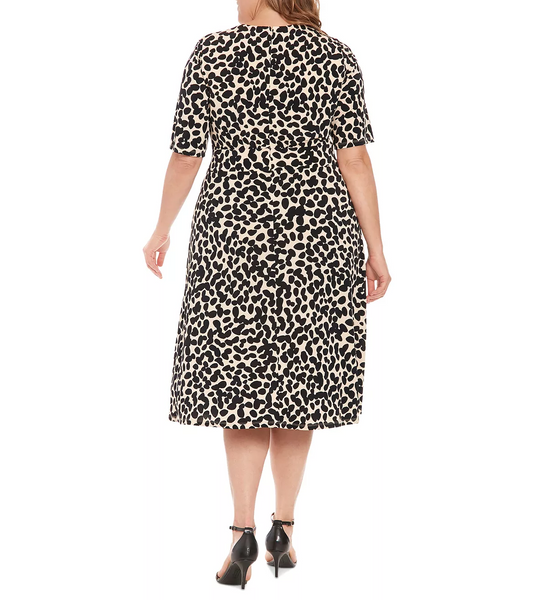 Steven Guy Plus Size Elbow Sleeve Abstract Dot Print Fit & Flare Dress - Tan/Black