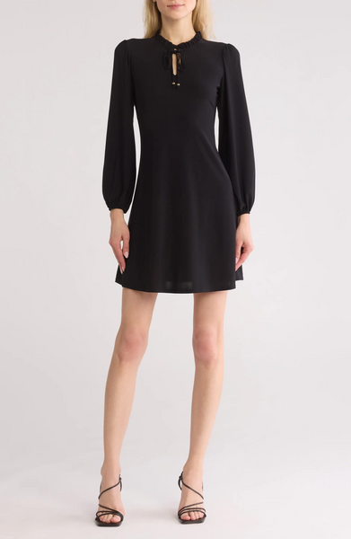 Steven Guy Blouson Sleeve Tie Neck Dress - Black