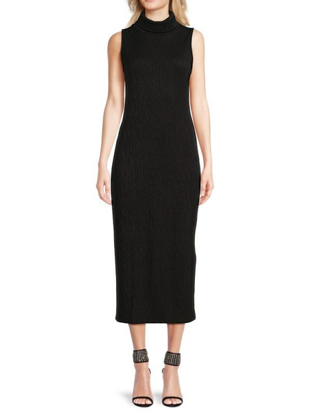 Steven Guy Sleeveless Textured Mock Turtleneck Midi Dress - Black