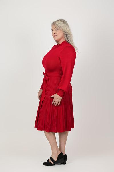 Steven Guy Plus Size Pleated Skirt Mock Neck Fit & Flare Sweater Dress - Red