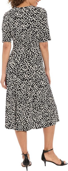 Steven Guy Abstract Geometric Print Short Sleeve Banded Waist Dress - Cream/Black