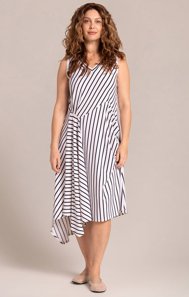 Sympli Sleeveless Slant Pocket Dress - Navy/White Stripe