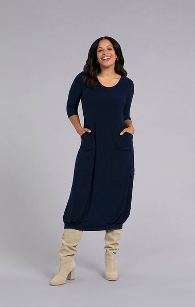 Sympli Pleat Hem Dress 3/4 Sleeve - Navy