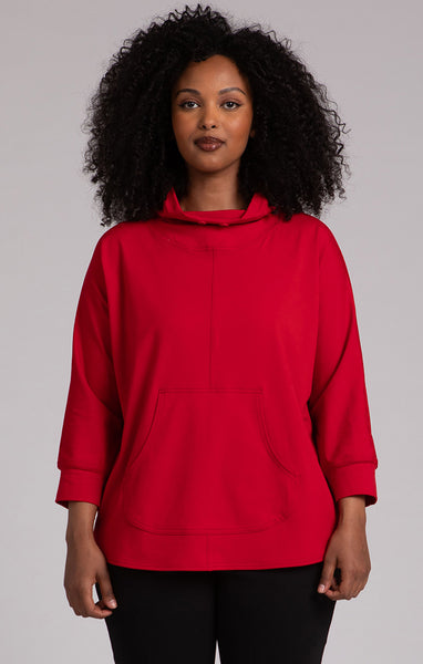 Sympli Fleece Backed Jersey Funnel Neck Kangaroo Pocket Pullover - Poppy