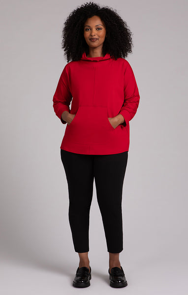 Sympli Fleece Backed Jersey Funnel Neck Kangaroo Pocket Pullover - Poppy