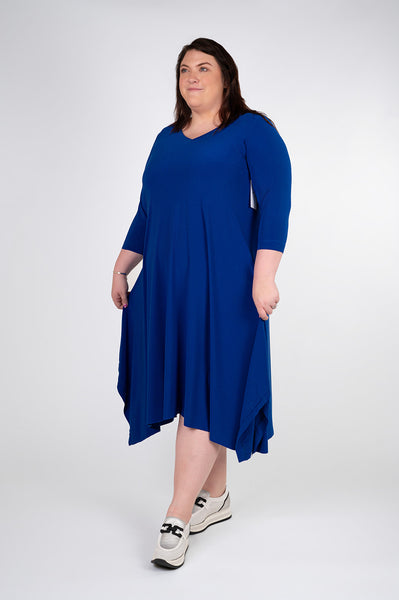 Sympli Splice V-Neck 3/4 Sleeve Dress Plus Size - Lapis Blue