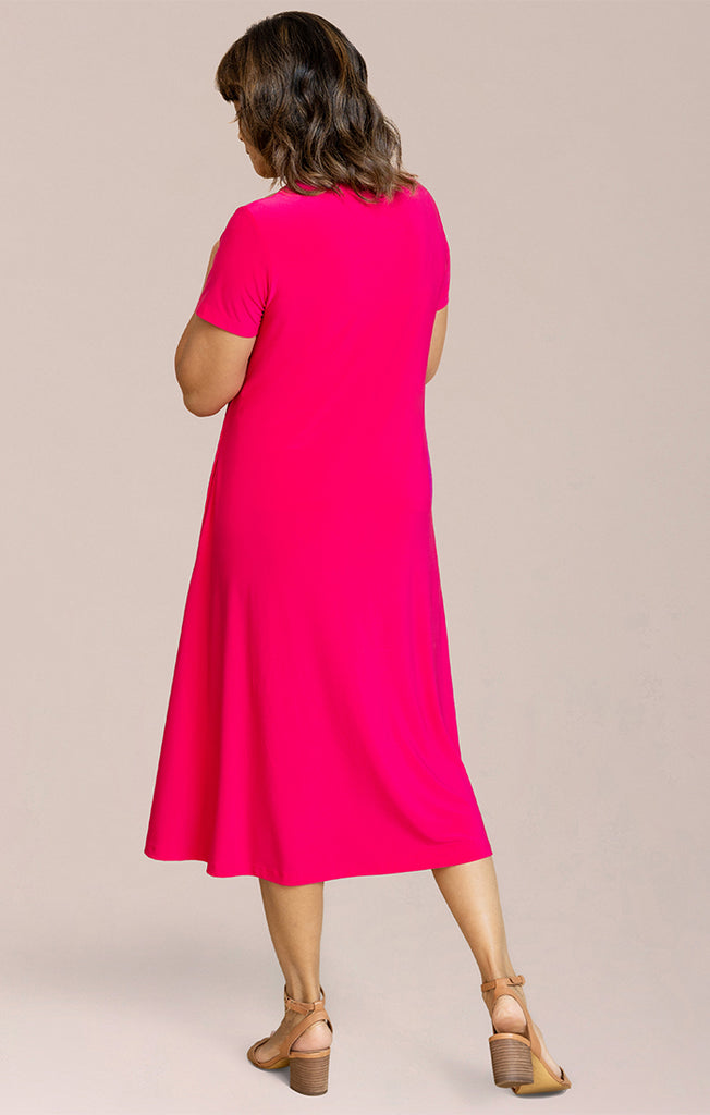 short sleeve fit & flare dress Express Women's Crepe Crew Neck Seamed Mini Fit And Flare Dress With Pockets in Pink Large