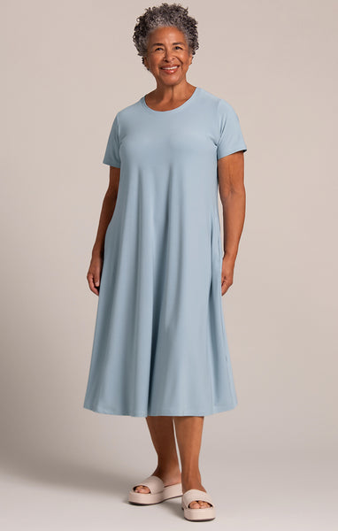 Sympli Fit & Flare Dress Short Sleeve - Stone Blue