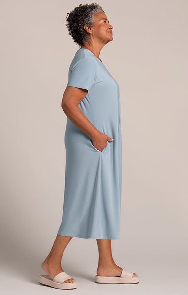 Sympli Fit & Flare Dress Short Sleeve - Stone Blue
