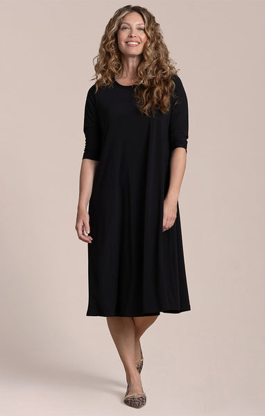 Sympli Fit & Flare Dress 3/4 Sleeve - Black