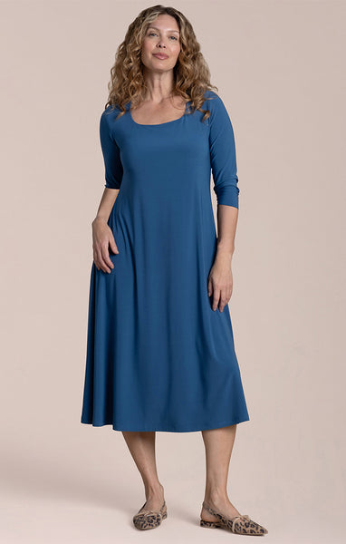 Sympli Square Neck Fit & Flare Dress 3/4 Sleeve - Lake Blue