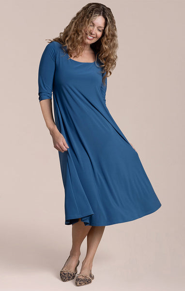 Sympli Square Neck Fit & Flare Dress 3/4 Sleeve - Lake Blue