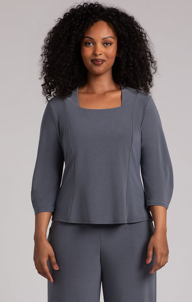 Sympli Fit & Flare Lantern Top - Gunmetal Melange