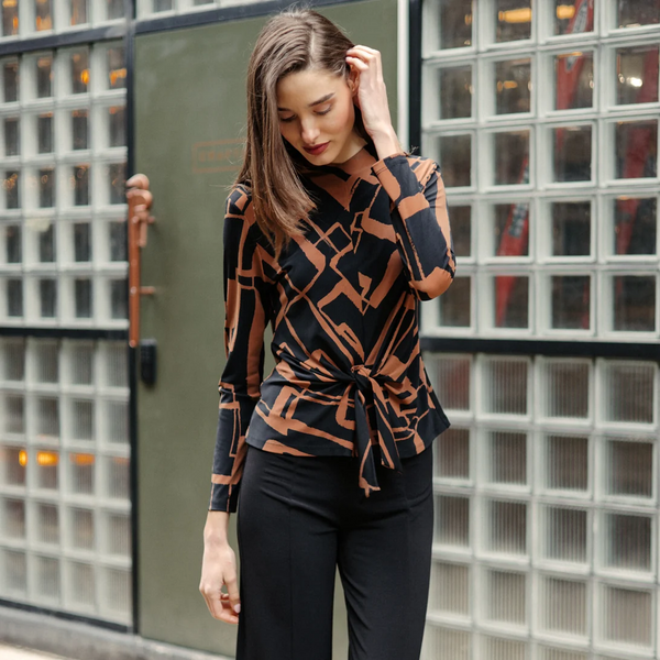 Clara Sunwoo Abstract Print Tie Front Top - Black/Brown