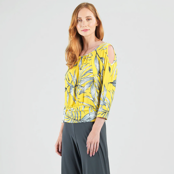 Clara Sunwoo Palm Print Cold Shoulder Blouson Top - Yellow/Multicolor