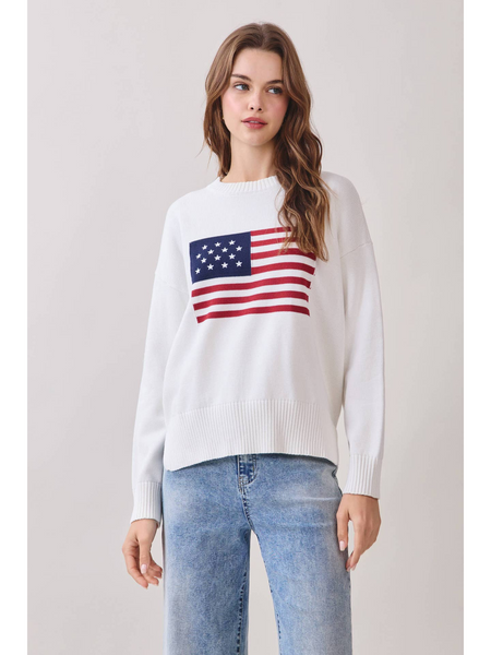 Long Sleeve Crew Neck American Flag Shaker Knit Cotton Sweater - White