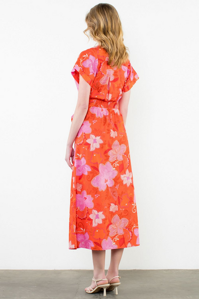 THML Short Sleeve Button Front Floral Print Maxi Dress - Orange/Multicolor Floral