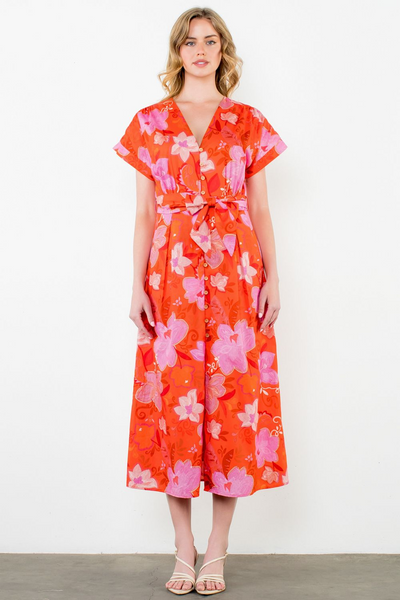 THML Short Sleeve Button Front Floral Print Maxi Dress - Orange/Multicolor Floral