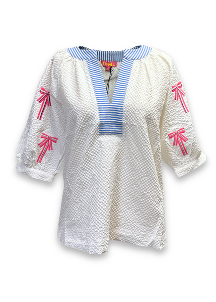 THML Bow Embroidery Puff Sleeve Top - White/Multicolor