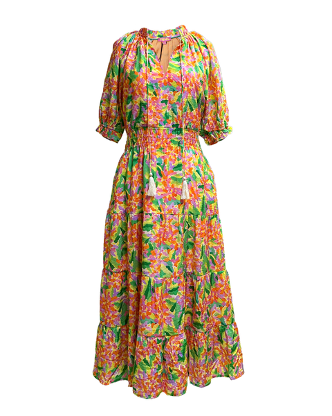 THML Smocked Waist Puffed Short Sleeve Tiered Tassel Neck Floral Midi Dress - Multicolor