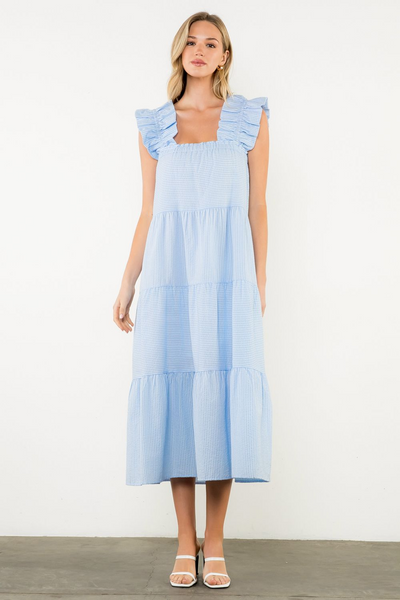 THML Flutter Sleeve Tiered Striped Midi Dress - Light Blue