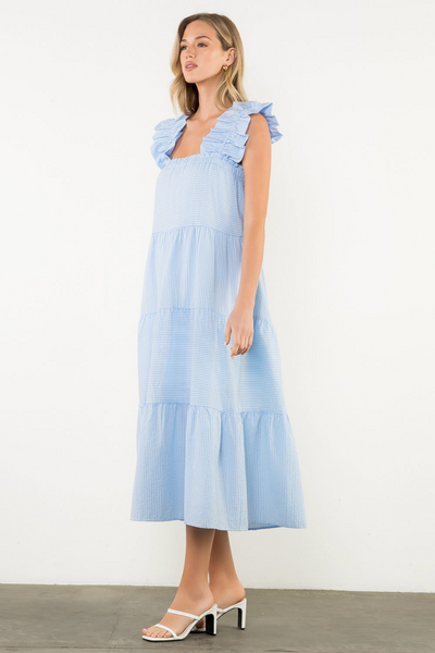 THML Flutter Sleeve Tiered Striped Midi Dress - Light Blue
