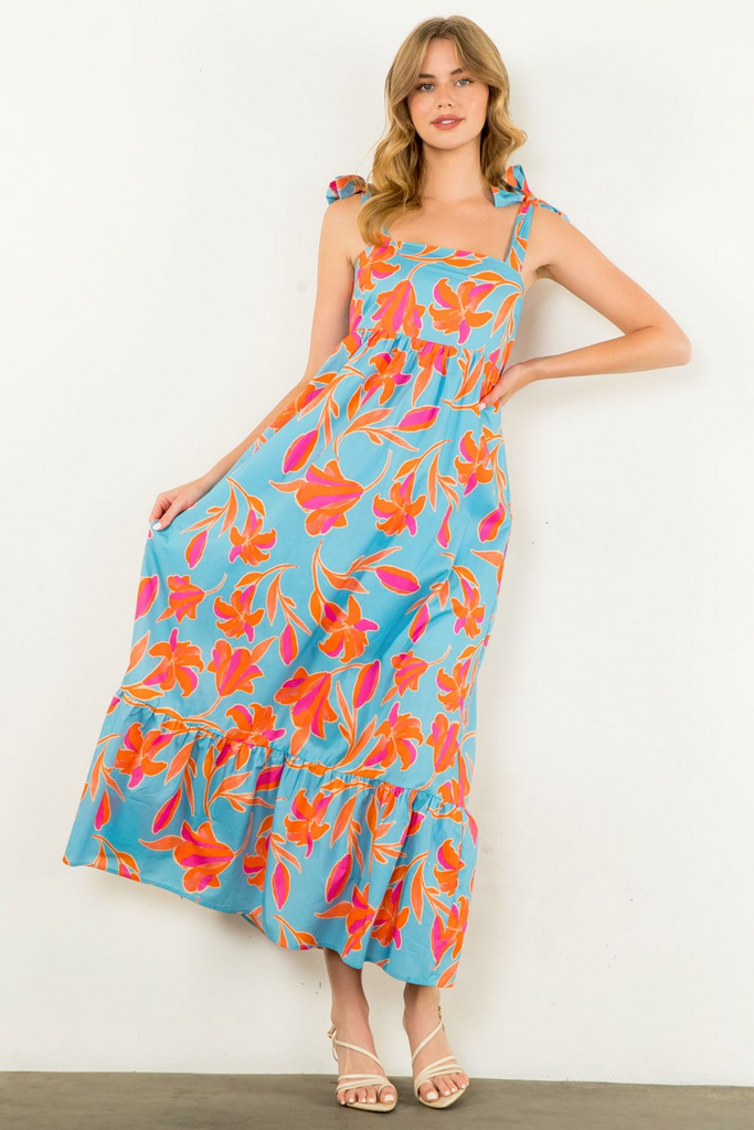 THML Tie Strap Floral Maxi Dress - Blue/Multicolor