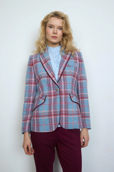 Tinta & Bariloche Libicus Plaid Wool Blazer with Contrast Velvet Piping - Pink/Blue