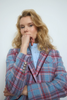 Image of Tinta & Bariloche Libicus Plaid Wool Blazer with Contrast Velvet Piping - Pink/Blue