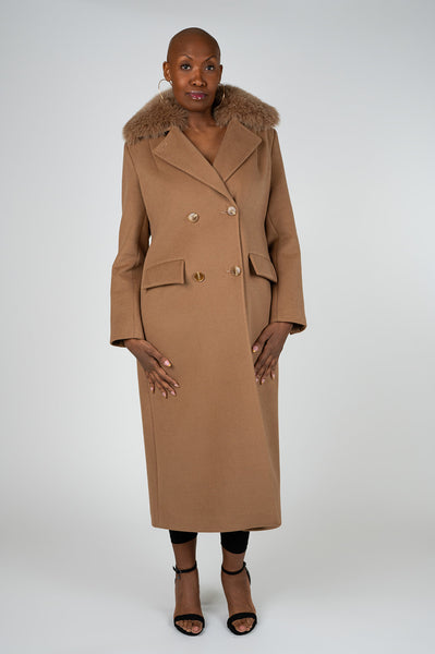Tosato Double Breasted Wool Maxi Coat with Fox Fur Collar - Tobacco