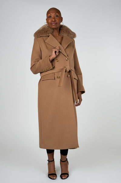 Tosato Double Breasted Wool Maxi Coat with Fox Fur Collar - Tobacco