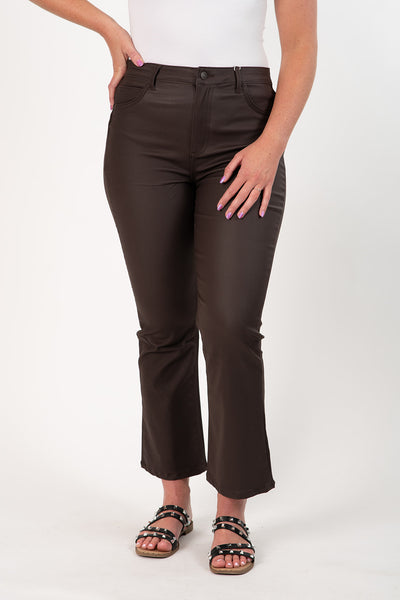 Tractr Hi-Rise Coated Crop Flare Jean - Chocolate